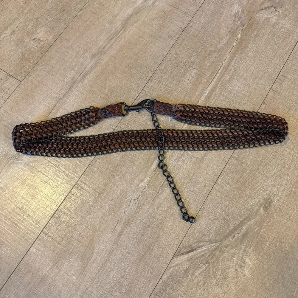 VTG brown leather brass Chain Belt hook closure estimated S M boho western